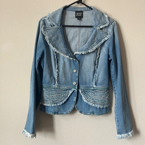 CHIARA D'ESTE Jackets & Blazers - Chiara D'Este Denim Jacket Frayed Trim Rhinestones Designer Jean‎ Size 44 Italy